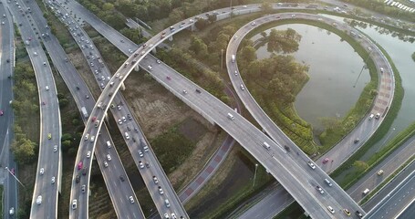 Wall Mural - Aerial view city transport junction cross road with car movement transport industry