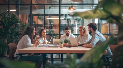 Wall Mural - Four young professionals in a modern office setting working on laptops.