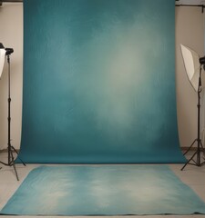 Wall Mural - A large turquoise backdrop is set up for photography, with two lighting stands on either side and a large roll of fabric in the foreground.