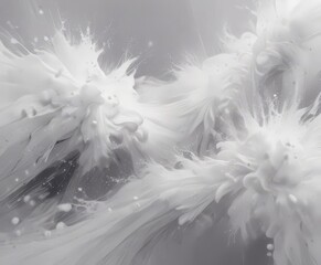 a close-up view of a white, fluffy substance resembling a cloud or snowflake, with a sense of movement and dynamism.