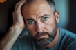 © gicku91 - A close-up portrait of an attractive middle-aged man with a short beard and blue eyes, looking at the camera while holding his head in thought