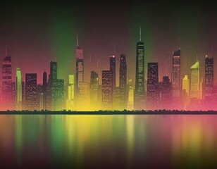 Wall Mural - a vibrant, neon-lit city skyline reflected in a calm body of water, with a gradient of colors from green to pink and purple.