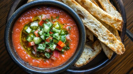 A top view of a bowl of gazpacho with a drizzle of olive oil, chopped cucumber, and bell pepper, served cold with breadsticks.