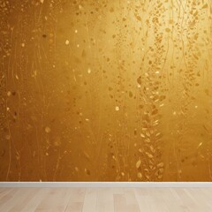 Wall Mural - a wall with a gold-colored wallpaper featuring a repeating pattern of leaves and branches. The wallpaper appears to be textured, with a shiny, reflective surface that gives it