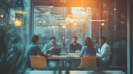 Wall Mural - Group of People in a Meeting Around a Table With Glass Walls