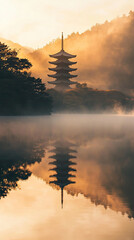 Wall Mural - A quiet sunrise over Japanese pagoda temple reflects beautifully in calm waters, surrounded by misty mountains and trees, creating serene atmosphere