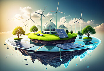 Wall Mural - renewable energy background with green energy as wind turbines and solar panels