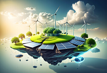 renewable energy background with green energy as wind turbines and solar panels