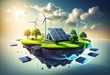 renewable energy background with green energy as wind turbines and solar panels