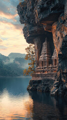 Wall Mural - A temple carved into side of cliff overlooks serene lake, surrounded by lush greenery and majestic mountains. tranquil scene evokes sense of peace and wonder