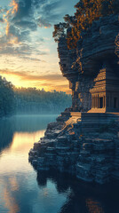 Wall Mural - A stunning temple carved into side of cliff, overlooking serene body of water at sunset. warm colors of sky reflect beautifully on calm surface, creating tranquil atmosphere