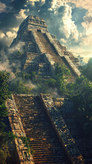 Wall Mural - A towering ziggurat style temple with steep steps leads into lush greenery, surrounded by mist and dramatic clouds, evoking sense of ancient mystery and awe