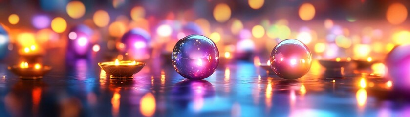 Wall Mural - Vibrant orbs illuminated by shimmering lights create a dazzling atmosphere, perfect for festive and creative projects.