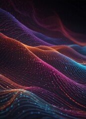 Poster - The image is a digital art piece featuring a wave-like pattern with a gradient of colors, including shades of purple, orange, and blue, creating a visually striking and