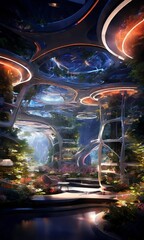 Wall Mural - a futuristic indoor garden with a curved ceiling, glowing plants, and a winding path leading to a central fountain.