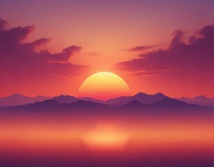 Wall Mural - A serene sunset over a mountainous landscape, with the sun partially obscured by clouds and casting a warm, golden glow across the scene.