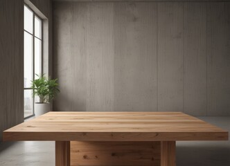 Wall Mural - A minimalist room with a large wooden table, a plant, and a window.