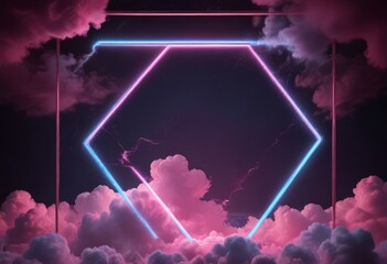 Wall Mural - A neon hexagon frame is set against a backdrop of pink and purple clouds, creating a striking and futuristic visual effect.