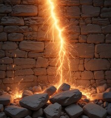 Wall Mural - A dramatic scene of a lightning bolt striking a stone wall, with sparks and fire erupting from the impact.