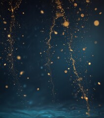 Wall Mural - a dark blue background with a multitude of small, glowing gold particles suspended in the air, creating a sense of movement and energy.