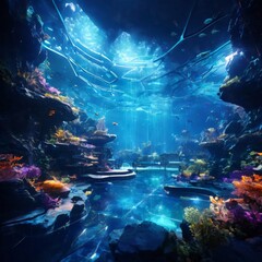 Wall Mural - a vibrant underwater scene with a variety of colorful marine life, including fish, coral, and plants, set against a backdrop of a large, open, and well-lit aquarium.