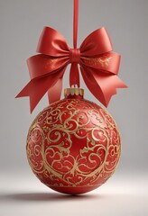 Wall Mural - A red ornament with gold swirls and a large red bow is suspended against a gray background.