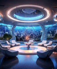 Wall Mural - a futuristic lounge area with a circular seating arrangement, a circular table, and a panoramic view of a city skyline through large windows.