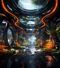 Wall Mural - a futuristic, tree-lined walkway with a reflective, curved surface, creating a sense of depth and movement. The walkway is illuminated by a series of orange lights, and