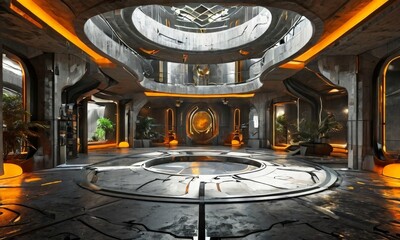 Wall Mural - a futuristic interior space with a circular platform at the center, surrounded by a circular walkway, and illuminated by a mix of orange and gray lighting. The space features