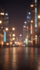 Wall Mural - A nighttime cityscape with blurred lights and reflections on the wet street surface.