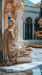 Wall Mural - Ancient stoic philosopher meditating in marble court, surrounded by classical architecture and serene nature. tranquil atmosphere evokes deep contemplation and wisdom