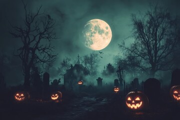 A spooky Halloween night with a glowing full moon, eerie jack-o'-lanterns, and mist rising from a graveyard, with silhouettes of haunted trees and a dark sky