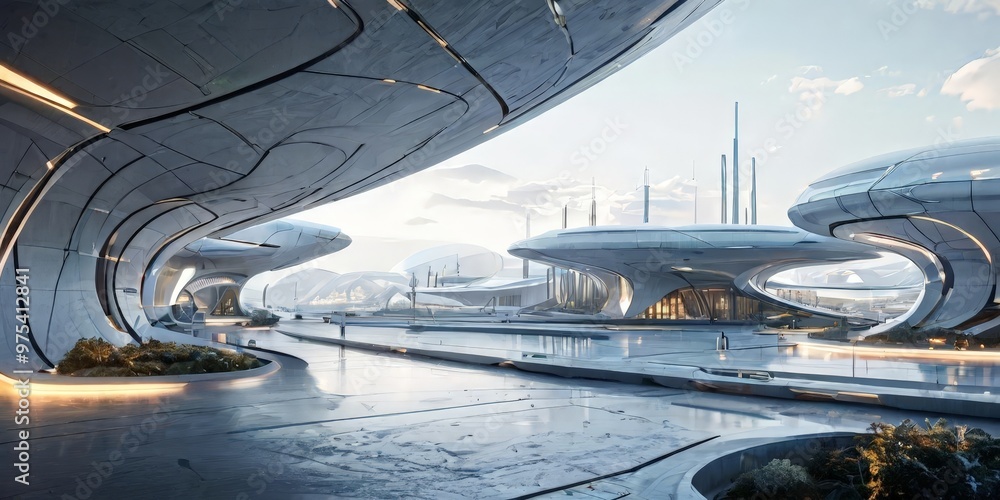 a futuristic architectural design with curved, angular structures and a ...