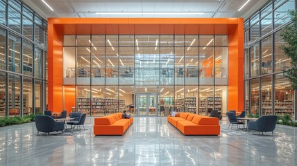 Modern library interior with orange couches and glass walls.