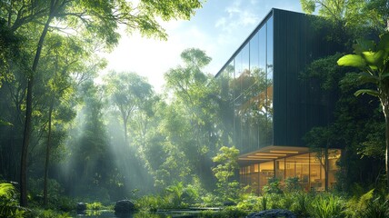 Wall Mural - A modern glass building nestled in a lush, sunlit forest.