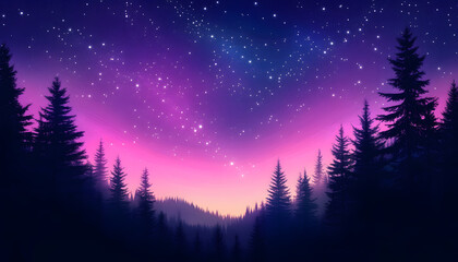 Wall Mural - Vibrant cosmic violet and pink gradient sky with stars above silhouette forest trees.