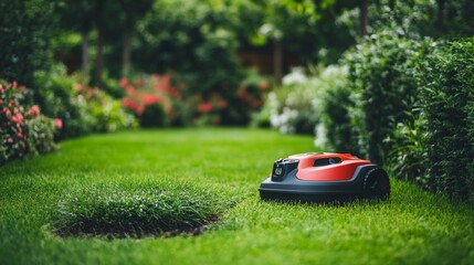 Robotic Lawn Mower Cutting Grass in a Well-Maintained Garden