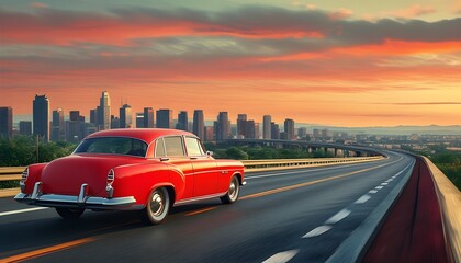 Vintage red car cruising through a bustling cityscape, embodying the essence of classic automotive sales and urban life