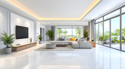 Modern living room interior with large windows, bright decor, and elegant furniture, offering a serene and stylish ambiance.