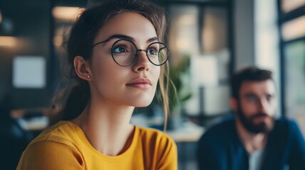 Wall Mural - Young Woman in Glasses Looking Up, Blurry Man in Background