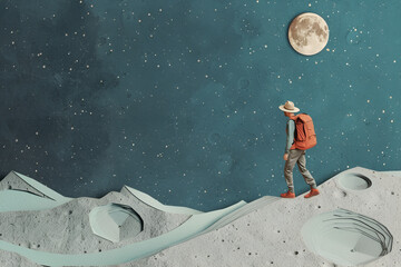 Wall Mural - a person with a backpack hiking on the moon, in a paper cut style illustration, generative ai