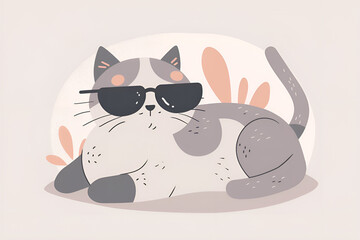 Wall Mural - a flat vector illustration of a gray and white cat wearing sunglasses and lying down, generative ai