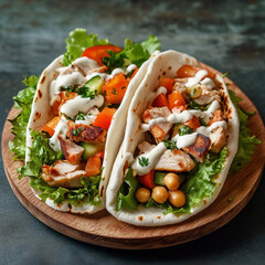 Wall Mural - Pita with roasted chicken, fresh vegetables, lettuce, creamy sauce and chickpeas