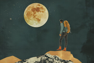 Wall Mural - a person with a backpack hiking on the moon, in a paper cut style illustration, generative ai