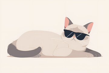 Wall Mural - a flat vector illustration of a gray and white cat wearing sunglasses and lying down, generative ai