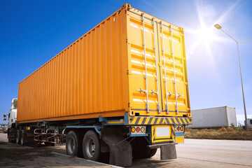 Wall Mural - Semi Trailer Trucks Driving on The Road with Sunshine. Shipping Cargo Container, Economical Transportation Business. Commercial Haulage Truck Transport. Diesel Truck. Logistics Freight Transportation.