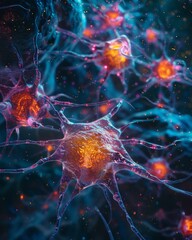 Vibrant microscopic view of neurons showcasing intricate details and glowing connections, representing brain activity and communication.