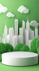 Wall Mural - Futuristic eco-city skyline backgrounded product podium for promotional poster