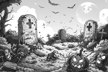 A spooky graveyard scene featuring tombstones, bats, and carved pumpkins, perfect for Halloween-themed projects.