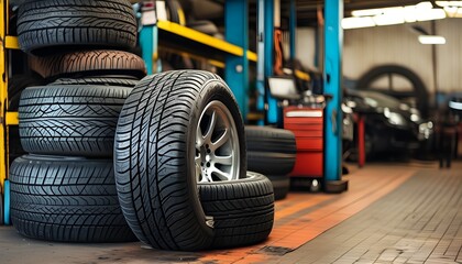 Wall Mural - Auto repair shop showcasing a car tire and wheel in the heart of the automotive service industry